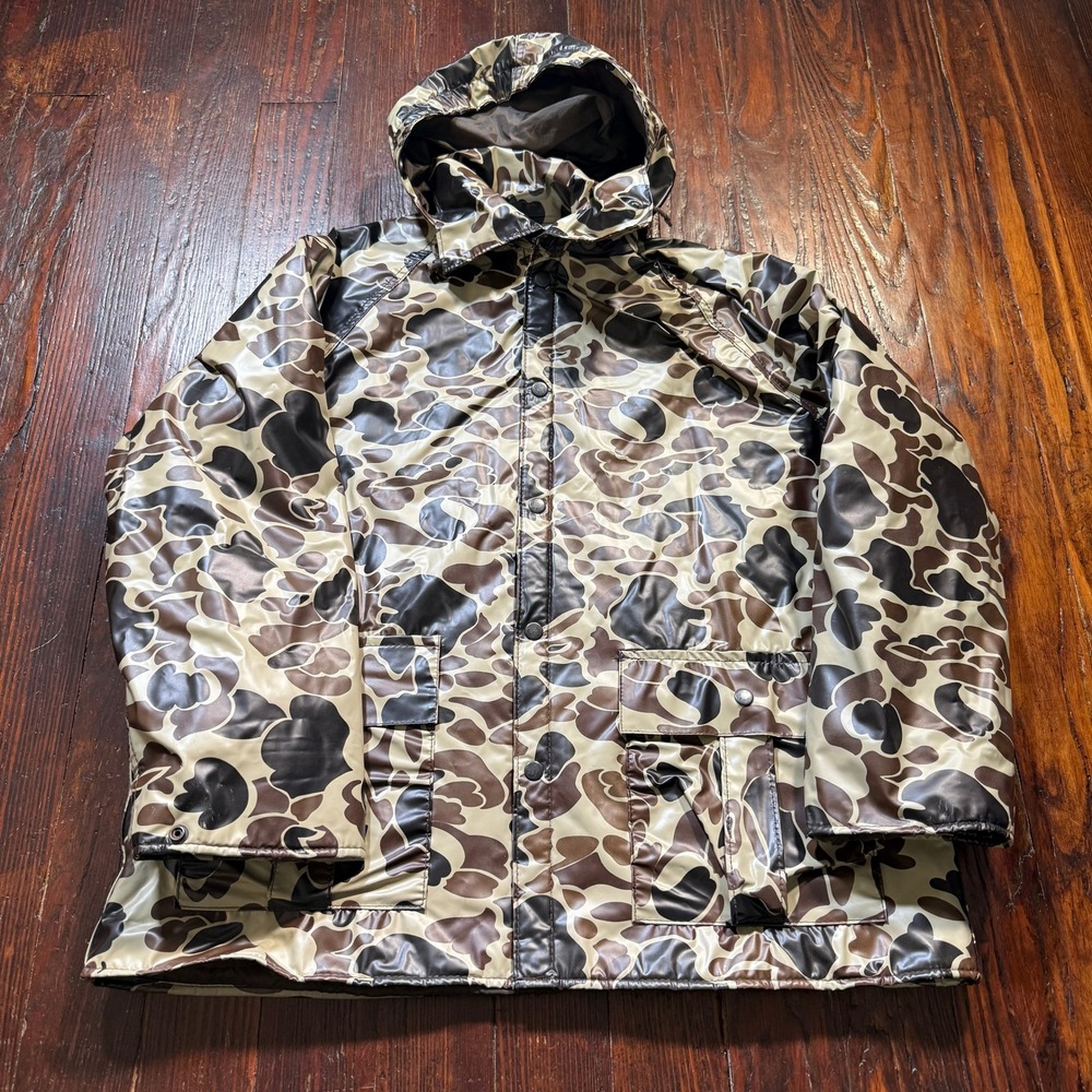 Vintage Duck Bay Rain Jacket Mens S Camo Hooded PVC Quilted Lined Hunting Coat